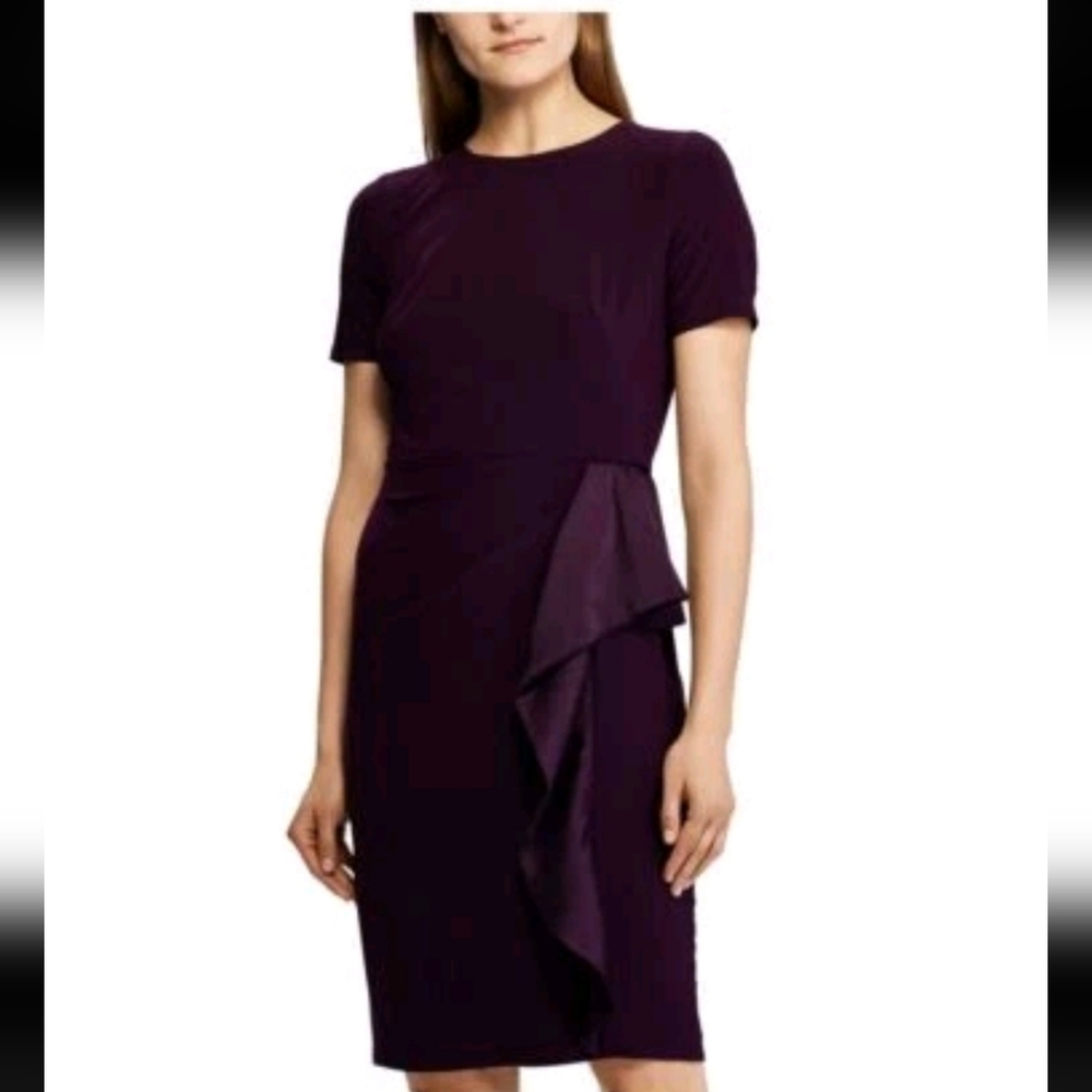 RALPH LAUREN Womens Purple Ruffled Short Sleeve Crew Neck Mini Sheath Dress 14